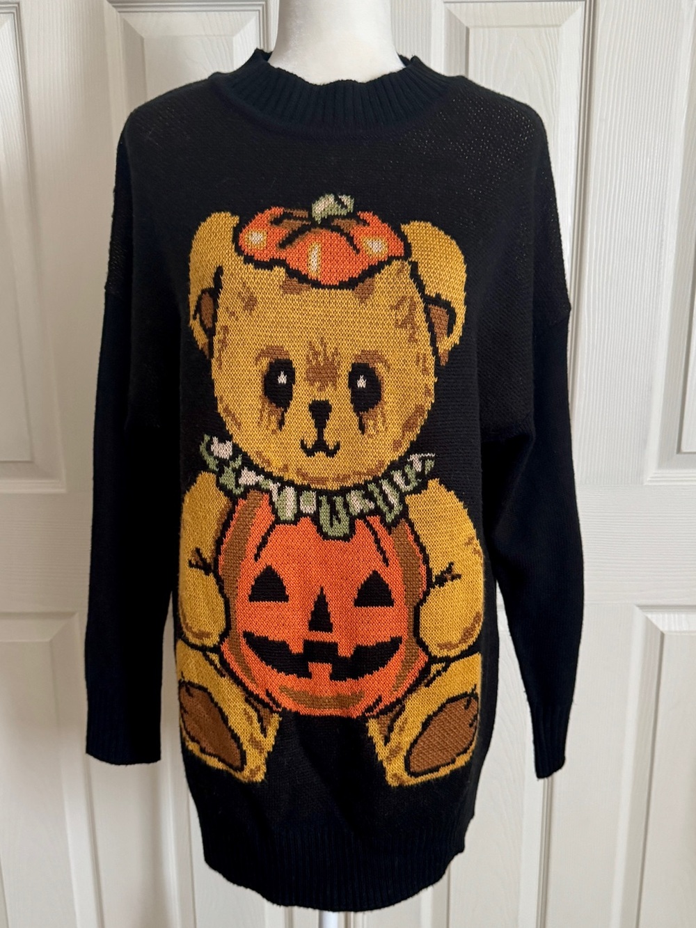 Dolls Kill Black Sweater with Yellow Teddy & Orange Pumpkin Motif